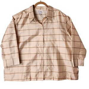 Linea by Louis Dell’Olio Silk Plaid Button Up Shirt Beige Collared